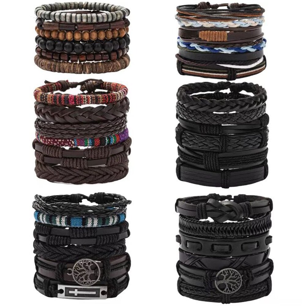 Braided Leather Bracelets Set Handmade Woven Cuff Boho Tribal Adjustable Unisex